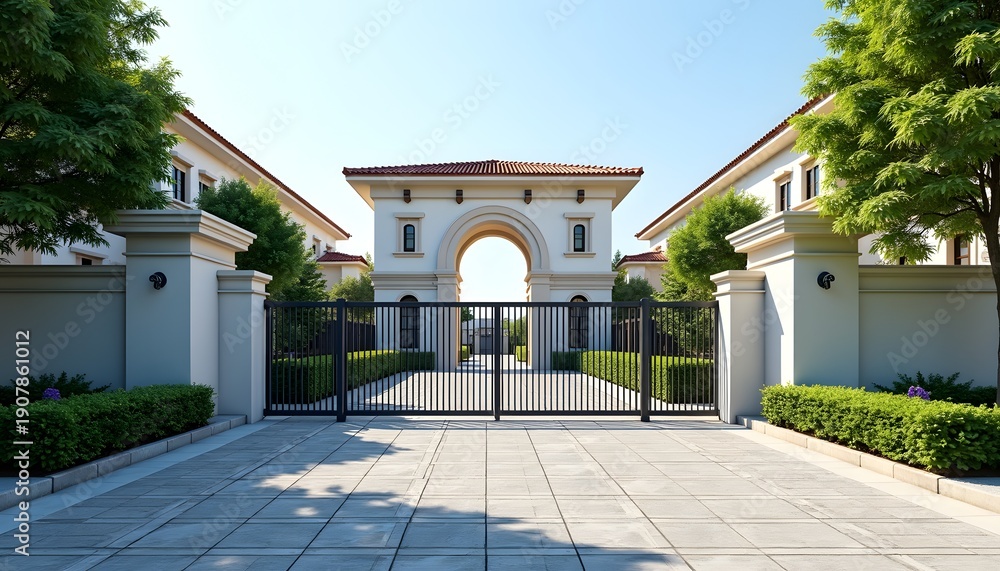 Fototapeta premium Modern luxury mansion entrance with open black wrought iron gate and archway under sunny blue sky