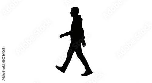 Silhouette of a walking person, full-length, isolated on white background, side view.
