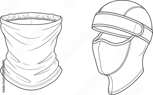 Technical Fashion Flat Sketch of a Protective Neck Gaiter and Winter Balaclava Face Mask with Adjustable Straps for Outdoor Sports and Cold Weather