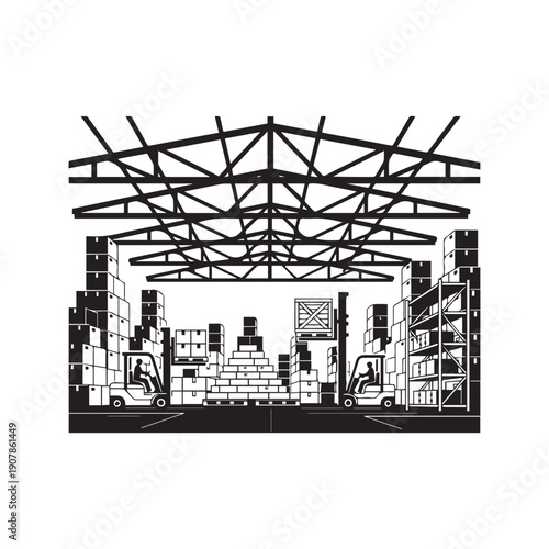 Industrial Warehouse Interior with Forklifts and Storage Pallets Silhouette Vector

