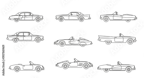 Set of hand drawn vintage cars in various styles and angles.