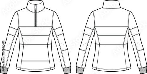 Technical Fashion Flat Sketch of a Women's Quarter Zip Color Block Pullover Sweatshirt with Long Sleeves Ribbed Cuffs and Athletic Panel Seams Design