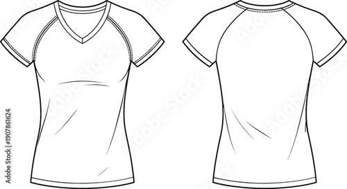 Technical Fashion Flat Sketch of a Women's V Neck Short Sleeve Raglan T Shirt with Athletic Seam Details Front and Back View Template