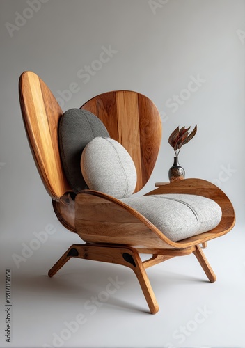 Elegant wooden chair w/ pillows, side table & vase decor