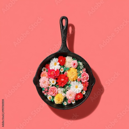 Flowers bloom in a cast iron skillet against coral backdrop