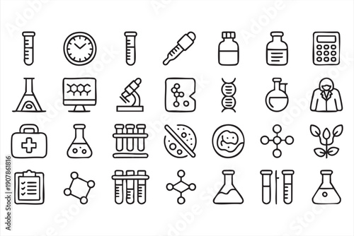 Clinical research and diagnosis line icons