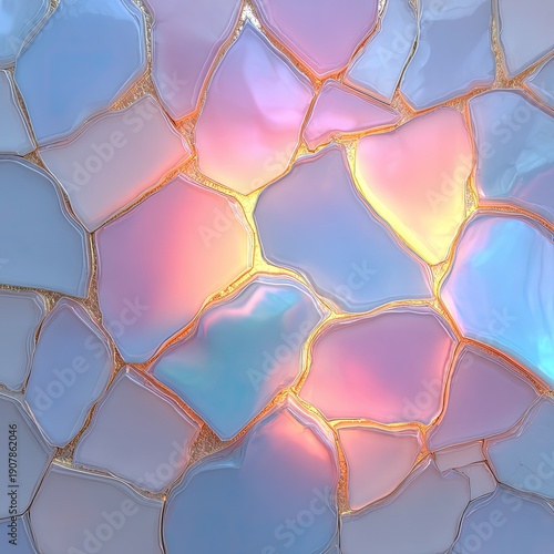 Iridescent tesserae with glowing gold seams abstract texture