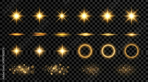 Golden light effects and sparkles on transparent background.