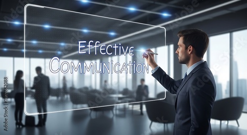 A man in a suit writing the words effective communication on a glass wall