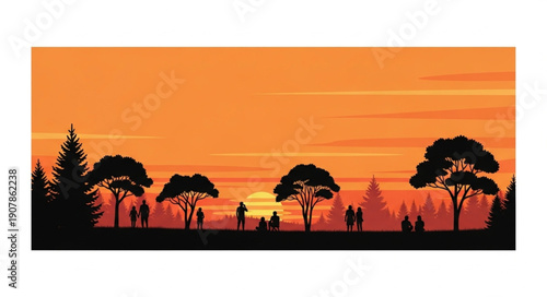 Sunset Landscape with Trees and Silhouettes.