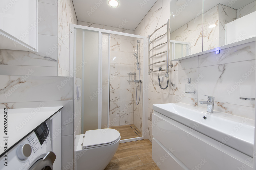 custom made wallpaper toronto digitalModern Bathroom Interior with Shower and Washing Machine in Minimalist Design