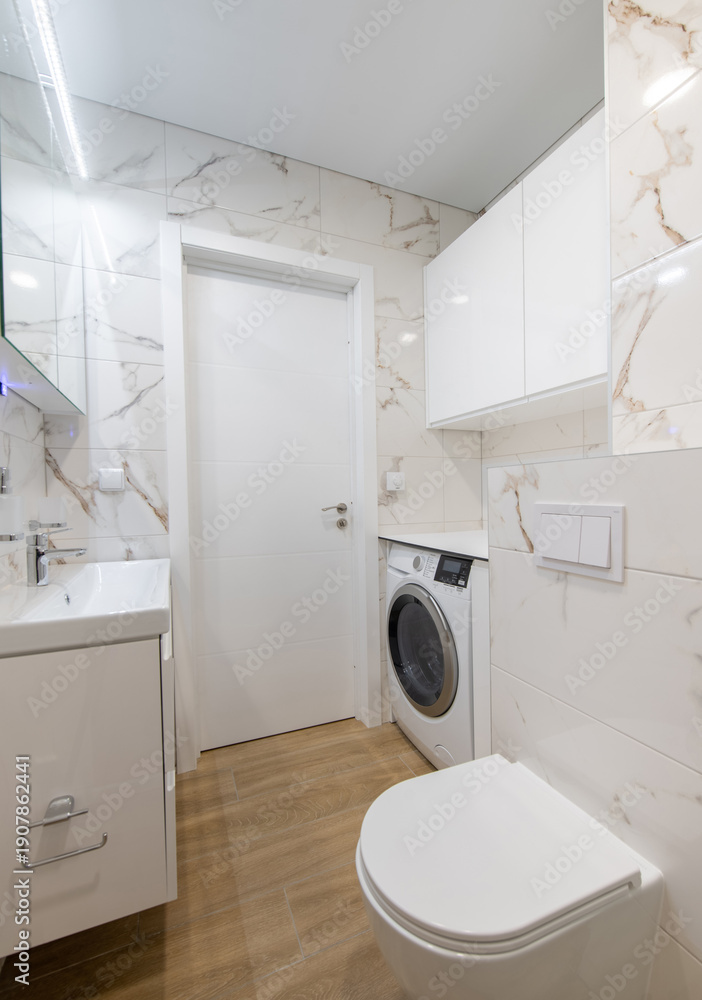 custom made wallpaper toronto digitalModern Laundry and Bathroom with White Cabinets and Marble Tiling