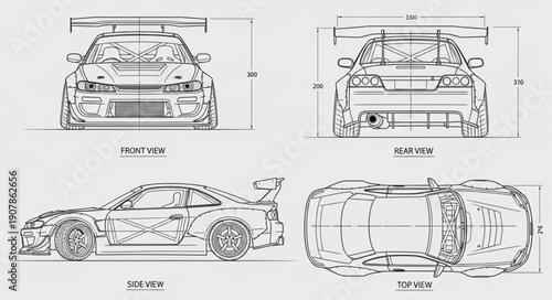 Detailed Blueprint Schematics of a Sports Car.