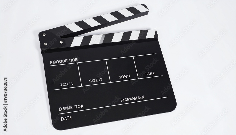 Obraz premium Classic black and white film clapperboard with labeled sections for production details.