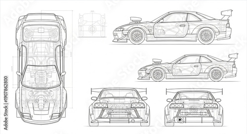 Detailed Blueprint Schematics of a Sports Car.