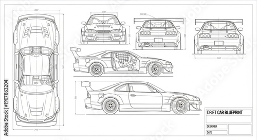 Detailed Blueprint of a Sports Car Design.