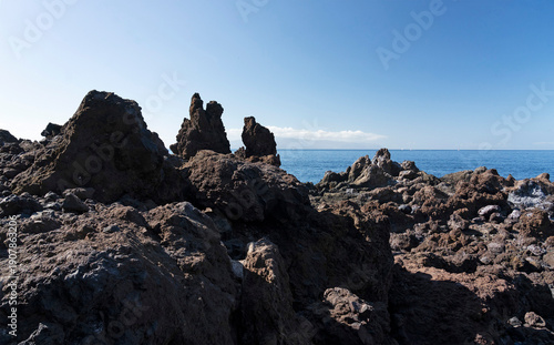 Tenerife - Los Gigantes black volcanic rocks ocean view, Canary islands, Spain