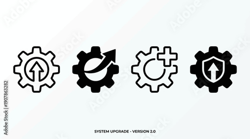 Four black gear icons representing system update and security features.