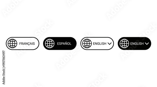Set of four language selection buttons with globe icon in black and white.