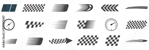 racing stripe vector set, motorsport racing flags, checkered patterns, speed motion lines, direction arrows, start finish banners, automotive race vector illustration collection.