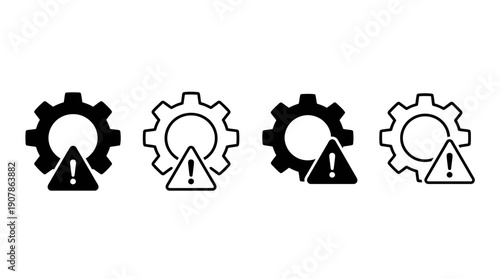 Set of gear icons with warning signs indicating technical issues or problems.