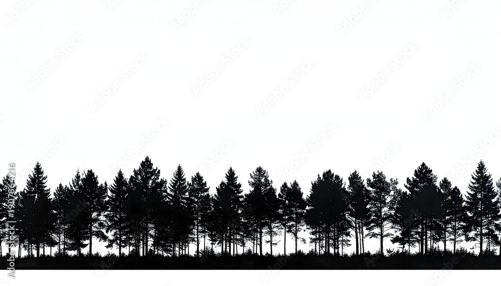 Fototapeta premium Vector silhouette illustration of a dense coniferous forest line, presenting a natural and serene border element against a crisp white background, ideal for design projects