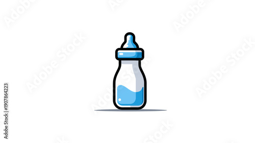 A stylized cartoon illustration of a baby bottle with blue liquid and a white background