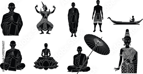 Traditional Thai culture silhouettes monk dancer umbrella boat meditation people heritage lifestyle vector illustration isolated collection set