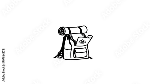 A line drawing illustration of a backpack for hiking with a sleeping mat and map