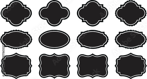 Collection of decorative vintage-inspired label silhouette designs with ornate frames, scalloped edges, and symmetrical shapes for packaging graphics