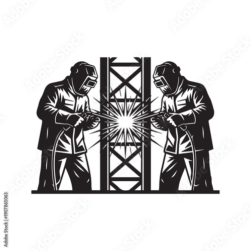 Industrial Welder Workers Fabricating Metal Steel Construction Silhouette Vector Illustration