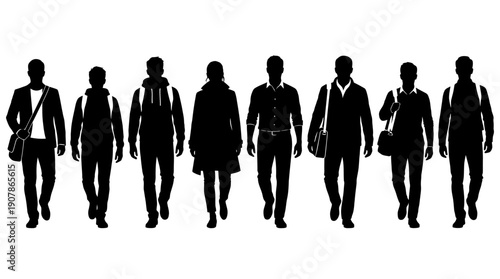 Diverse group of business professionals walking together in silhouette.