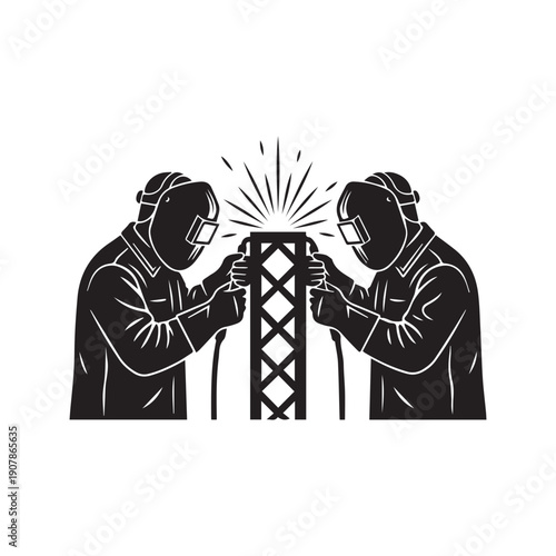 Industrial Welder Workers Fabricating Metal Steel Construction Silhouette Vector Illustration