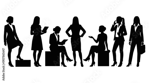 Silhouettes of business professionals in various poses and activities.