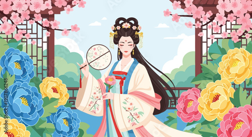 Traditional Chinese woman holding fan in spring garden with cherry blossoms