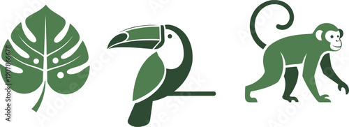 Stylized jungle icons: monstera leaf, toucan, and monkey in green