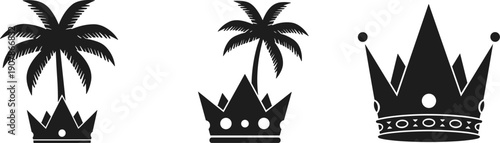 Set of three black silhouette icons: palm tree on crown, palm tree on crown, and a crown