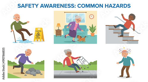 Elderly people facing various home hazards and safety risks.