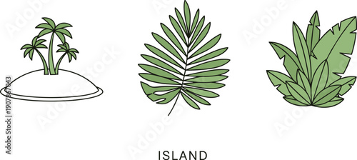 Tropical island with palm trees and lush green foliage, vector illustration