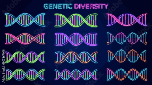 Colorful DNA Double Helix Structures Representing Genetic Diversity.