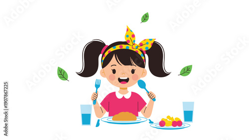 Smiling young girl with a yellow headband and pigtails sitting at a dining table with a fork and spoon ready for her meal.