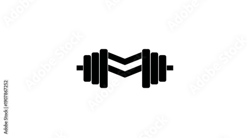 A monochrome illustration features a stylized barbell with an "M" shape in the middle. The background is white
