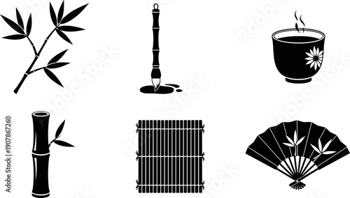 Collection of traditional Japanese cultural icons including bamboo, tea cup, brush, and fan