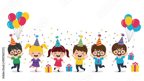 Group of diverse happy children wearing party hats celebrating together with colorful balloons, gift boxes, and festive confetti.