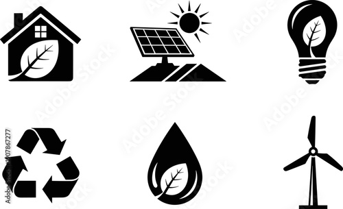 Set of eco-friendly energy and conservation icons including house, solar panel, lightbulb, recycle, water drop, and wind turbine