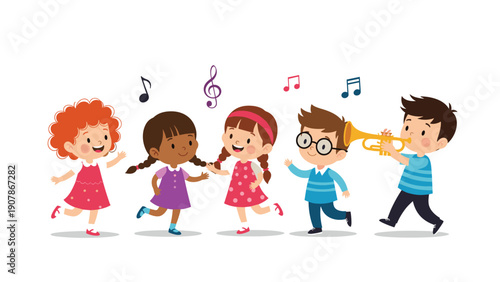 Group of talented children playing a trumpet and dancing joyfully while musical notes float in the air around them.