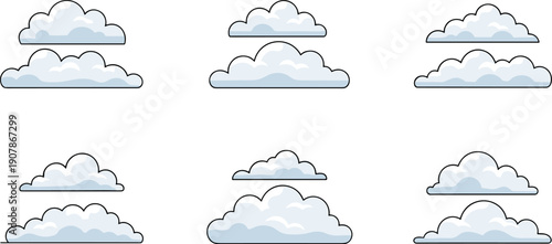 Collection of stylized cartoon clouds in various sizes and arrangements on a white background