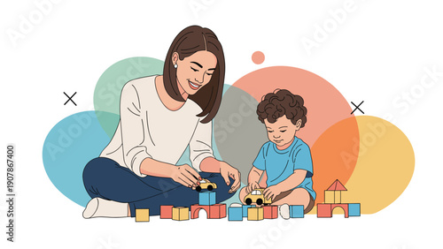 Caring mother or teacher sitting on the floor and playing with building blocks and toy cars alongside a young child.