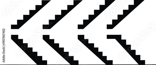 Abstract black and white vector illustration of geometric staircase patterns forming arrows and symmetrical steps for modern architectural design concepts.