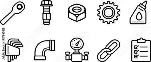 Collection of industrial and mechanical icons representing tools and components
